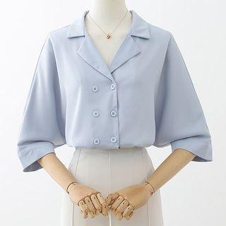 Elbow-sleeve Open-collar Double-breasted Shirt