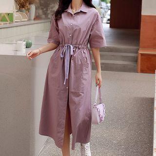 Elbow-sleeve Slit Midi A-line Shirtdress
