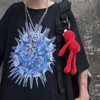 Elbow-sleeve Virus Print T-shirt