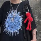 Elbow-sleeve Virus Print T-shirt