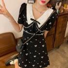 Short Sleeve Collared Floral Dress Black - One Size