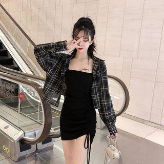 Set: Spaghetti Strap Drawstring Mini Sheath Dress + Long-sleeve Plaid Shirt