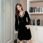 Lace Trim Bell-sleeve Mini A-line Velvet Dress