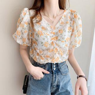 V-neck Floral Puff-sleeve Shirt