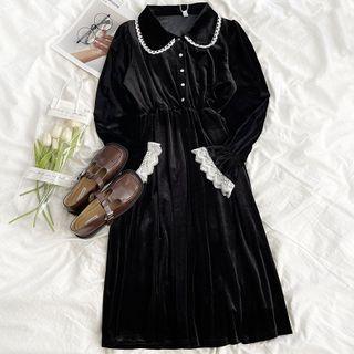 Long-sleeve Lace Trim Midi A-line Velvet Shirtdress Black - One Size