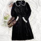Long-sleeve Lace Trim Midi A-line Velvet Shirtdress Black - One Size