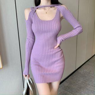 Set Of 2: Plain Ribbed Spaghetti-strap Bodycon Dress & Long-sleeve Plain Shrug
