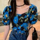 Puff-sleeve Floral Print Blouse Blue Floral - Black - One Size