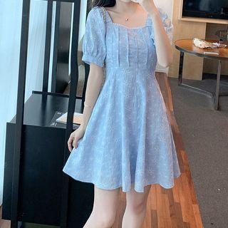 Short-sleeve Square Neck Embroidered Mini A-line Dress