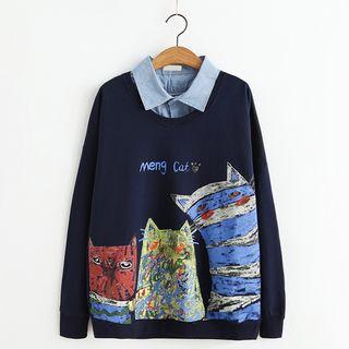 Mock Two-piece Print Long-sleeve Collared Sweatshirt