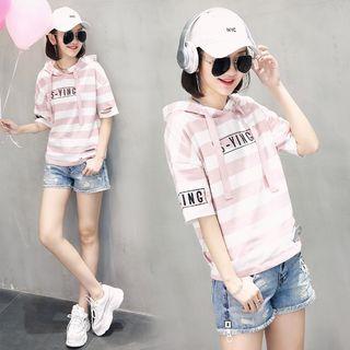 Elbow-sleeve Striped Hoodie