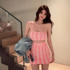 Set: Houndstooth Bandeau Top + Mini Pencil Skirt Set - Houndstooth - Pink - One Size