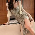 Light Cardigan / Spaghetti Strap Floral Bodycon Dress