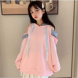 Cold Shoulder Plaid Panel Hoodie
