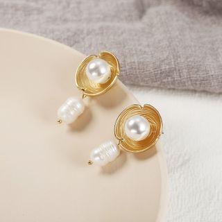 Faux Pearl Dangle Earring 1 Pair - White & Orange & Gold - One Size