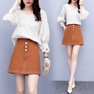 Set: Puff-sleeve V-neck Blouse + Contrast Stitching Mini A-line Skirt