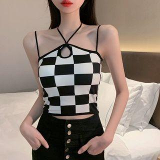 Strappy Checkered Cropped Camisole Top Check - Black & White - One Size