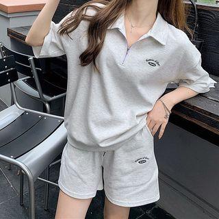 Set Of 2: Short-sleeve Lapel Half-zip Top + High-waist Plain Sweat Shorts