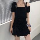 Short-sleeve Cold Shoulder A-line Dress Black - One Size