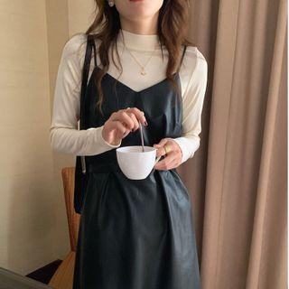 Mock-neck T-shirt / Spaghetti Strap Faux Leather Midi A-line Dress
