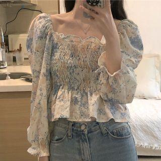 Puff-sleeve Square Neck Floral Print Chiffon Blouse Floral - One Size