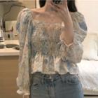 Puff-sleeve Square Neck Floral Print Chiffon Blouse Floral - One Size