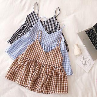 Plaid V-neck Ruffled-trim Tank Top