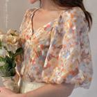 Puff-sleeve Floral Print V-neck Blouse
