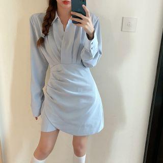 Plain Asymmetrical Long-sleeve Shirtdress