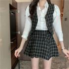 Long-sleeve Shirt / Tweed Buttoned Vest / A-line Mini Skirt / Set