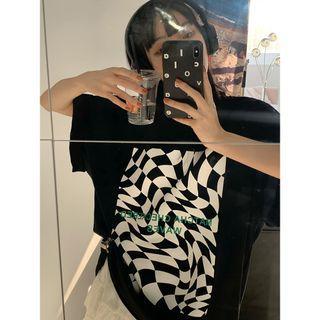 Elbow-sleeve Checkerboard Lettering Print T-shirt