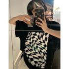 Elbow-sleeve Checkerboard Lettering Print T-shirt