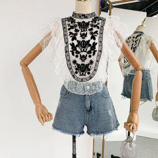 Set Of 2 : Embroidered Stand-collar Lace Mesh Top + Camisole Top