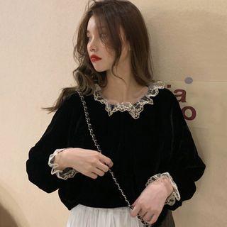 Bell-sleeve Velvet Blouse Black - One Size