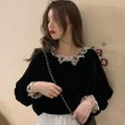 Bell-sleeve Velvet Blouse Black - One Size