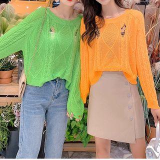 Distressed Long-sleeve Cable-knit Top