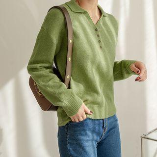 Open-placket Buttoned Woolen Sweater
