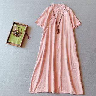 Short-sleeve Embroidered Frog-button Midi Dress
