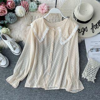 Crochet Trim Dotted Chiffon Blouse