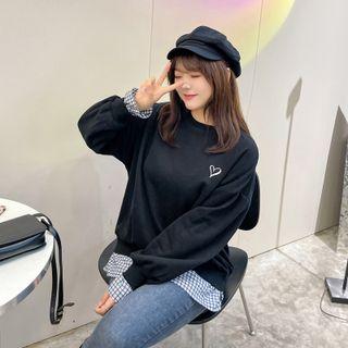 Mock Two-piece Check Trim Heart Print Sweatshirt