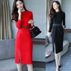 3/4-sleeve Contrast-trim Midi Sheath Dress