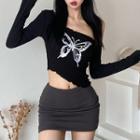 Long Sleeve Cold Shoulder Butterfly Print Crop Top