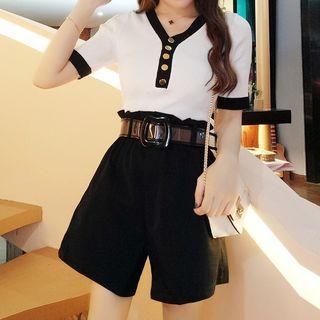Set: V-neck Short-sleeve Knit Top + Wide Leg Shorts