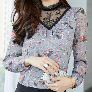 Lace Panel Long-sleeve Print Top