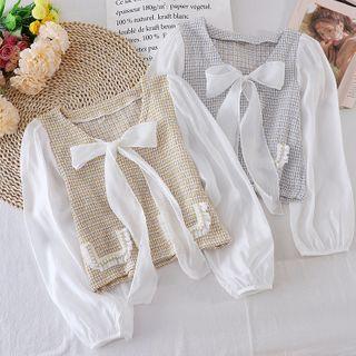 Tie-neck Plaid Panel Blouse