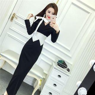Long Sleeve V-neck Contrast Color Bodycon Dress