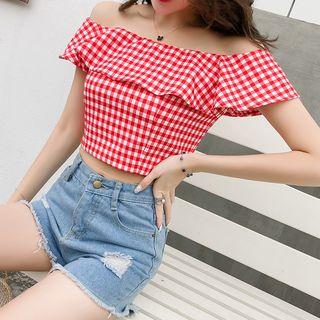 Plaid Off-shoulder Ruffle Crop Top
