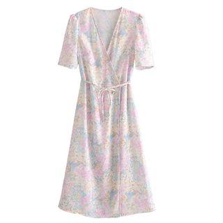 V-neck Short-sleeve Floral Print Midi A-line Dress