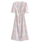 V-neck Short-sleeve Floral Print Midi A-line Dress