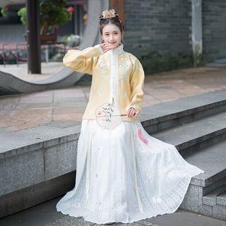Floral Embroidered Cheongsam Top / Midi Floral Embroidered A-line Skirt / Set